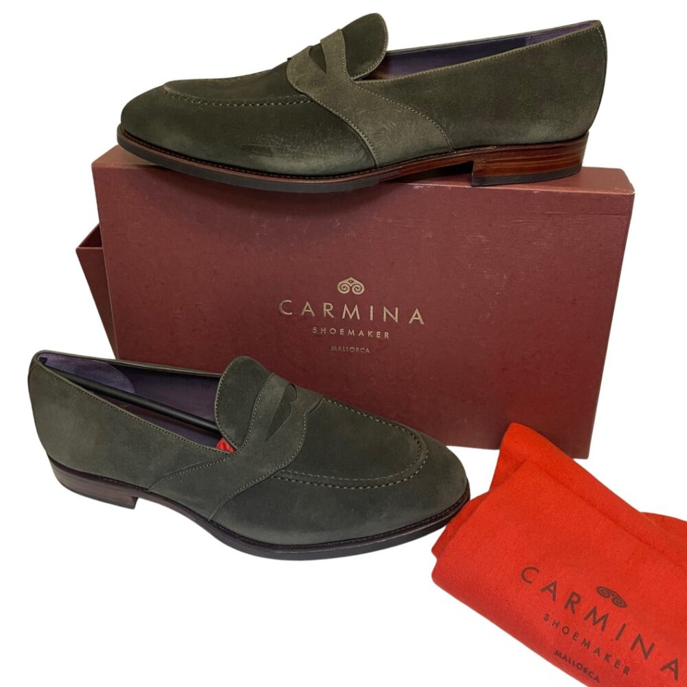 Carmina Shoemakers, Penny Loafers, Loden Suede, color Forest, Size 10